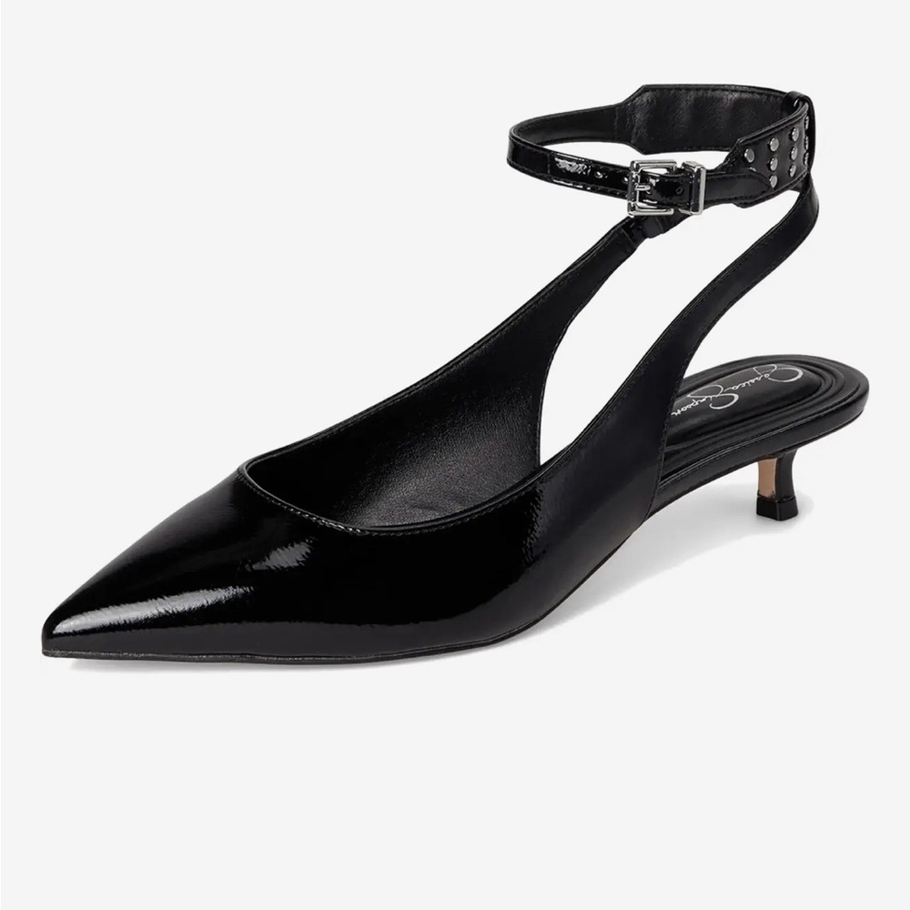 Black Patent Pointed Toe Slingback Kitten Heels
